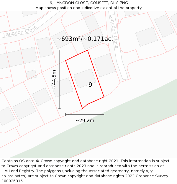 9, LANGDON CLOSE, CONSETT, DH8 7NG: Plot and title map