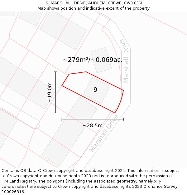 9, MARSHALL DRIVE, AUDLEM, CREWE, CW3 0FN: Plot and title map