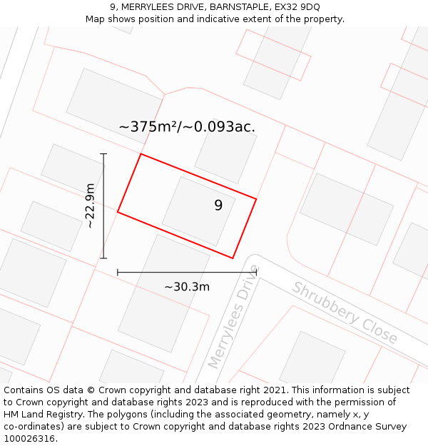 9, MERRYLEES DRIVE, BARNSTAPLE, EX32 9DQ: Plot and title map