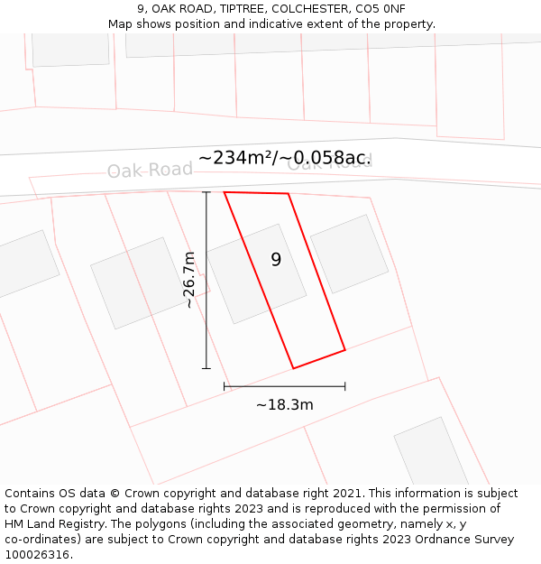 9, OAK ROAD, TIPTREE, COLCHESTER, CO5 0NF: Plot and title map