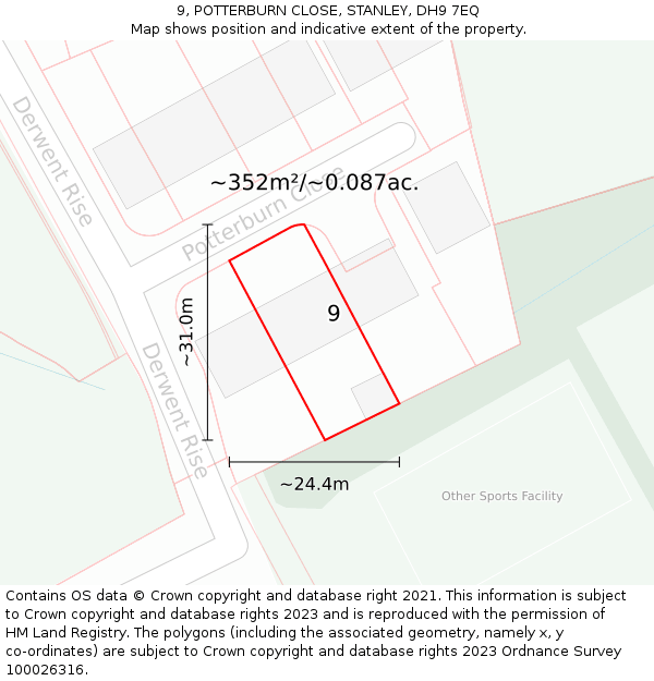 9, POTTERBURN CLOSE, STANLEY, DH9 7EQ: Plot and title map