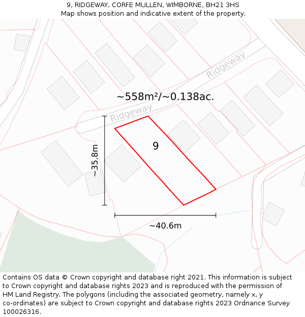 9, RIDGEWAY, CORFE MULLEN, WIMBORNE, BH21 3HS: Plot and title map