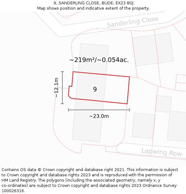 9, SANDERLING CLOSE, BUDE, EX23 8GJ: Plot and title map