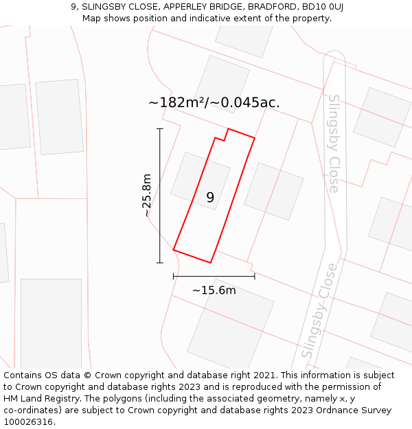 9, SLINGSBY CLOSE, APPERLEY BRIDGE, BRADFORD, BD10 0UJ: Plot and title map