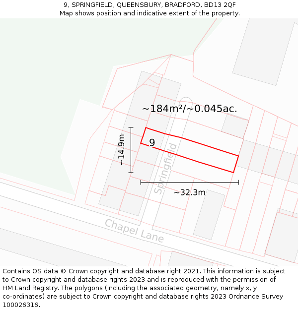 9, SPRINGFIELD, QUEENSBURY, BRADFORD, BD13 2QF: Plot and title map