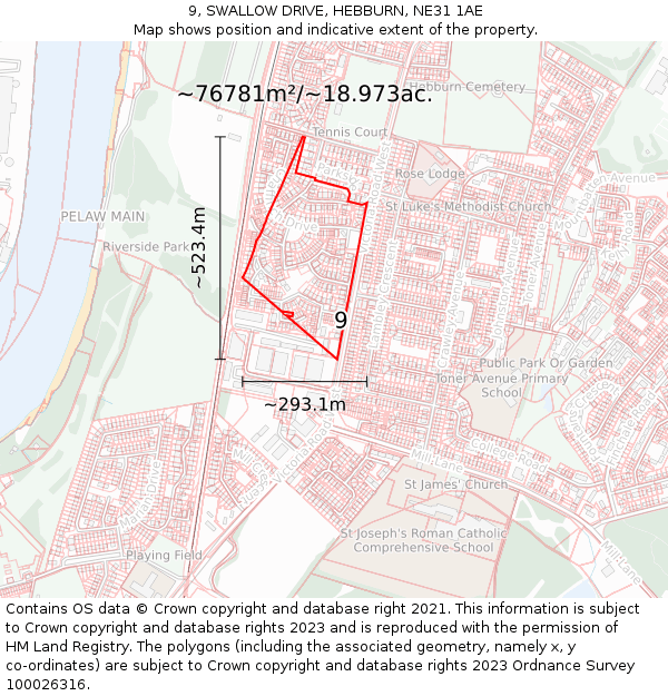 9, SWALLOW DRIVE, HEBBURN, NE31 1AE: Plot and title map