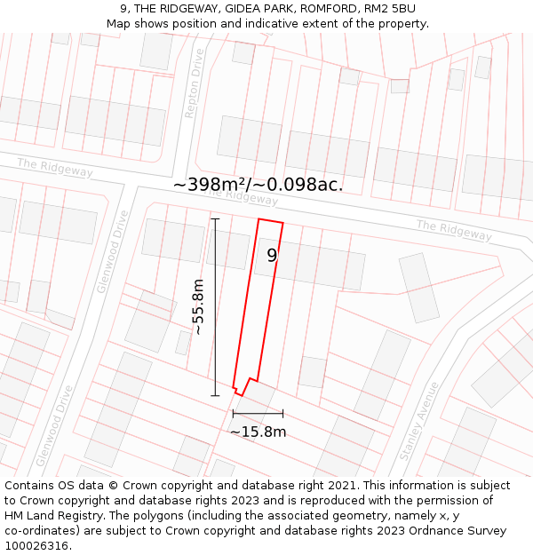9, THE RIDGEWAY, GIDEA PARK, ROMFORD, RM2 5BU: Plot and title map