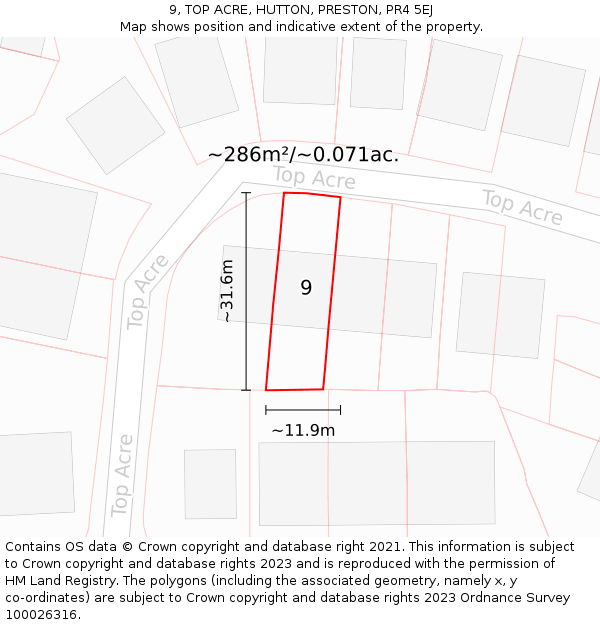9, TOP ACRE, HUTTON, PRESTON, PR4 5EJ: Plot and title map
