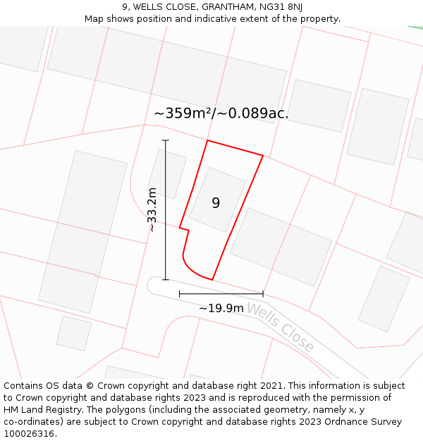 9, WELLS CLOSE, GRANTHAM, NG31 8NJ: Plot and title map