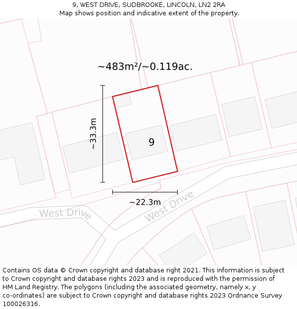 9, WEST DRIVE, SUDBROOKE, LINCOLN, LN2 2RA: Plot and title map