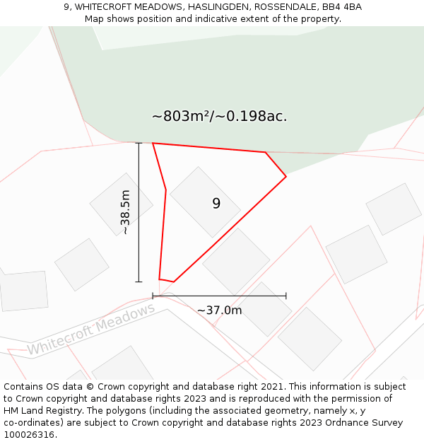 9, WHITECROFT MEADOWS, HASLINGDEN, ROSSENDALE, BB4 4BA: Plot and title map