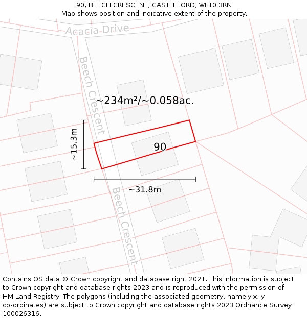 90, BEECH CRESCENT, CASTLEFORD, WF10 3RN: Plot and title map
