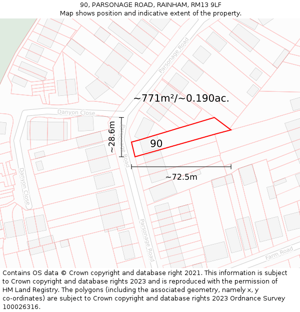 90, PARSONAGE ROAD, RAINHAM, RM13 9LF: Plot and title map