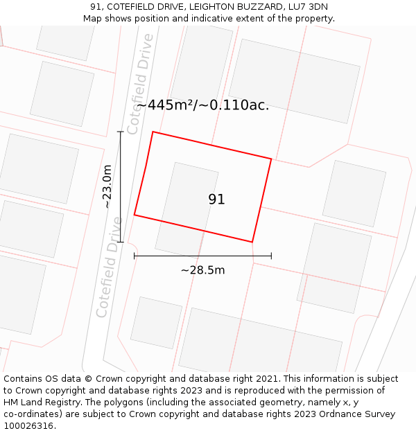 91, COTEFIELD DRIVE, LEIGHTON BUZZARD, LU7 3DN: Plot and title map