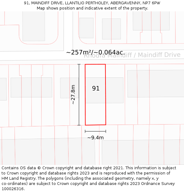 91, MAINDIFF DRIVE, LLANTILIO PERTHOLEY, ABERGAVENNY, NP7 6PW: Plot and title map