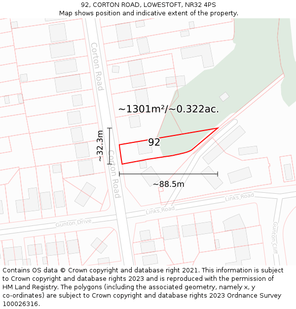 92, CORTON ROAD, LOWESTOFT, NR32 4PS: Plot and title map