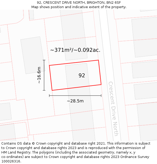 92, CRESCENT DRIVE NORTH, BRIGHTON, BN2 6SF: Plot and title map