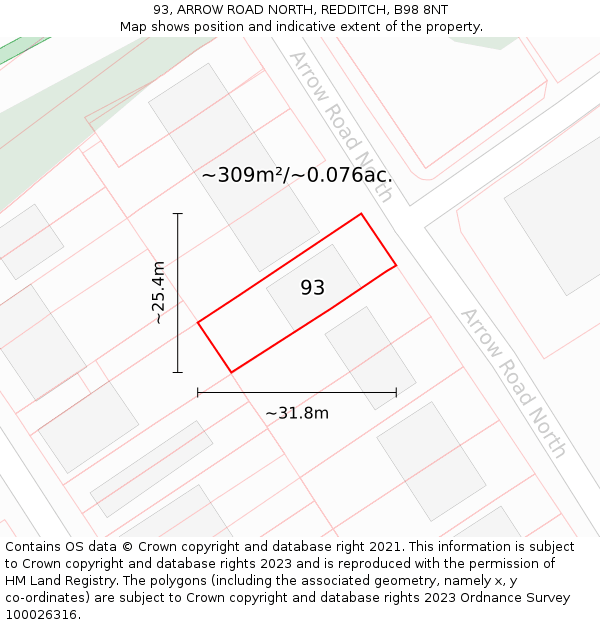 93, ARROW ROAD NORTH, REDDITCH, B98 8NT: Plot and title map