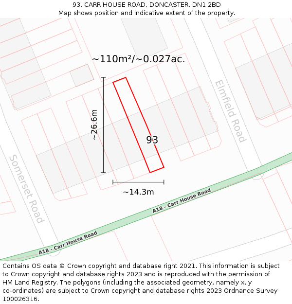 93, CARR HOUSE ROAD, DONCASTER, DN1 2BD: Plot and title map