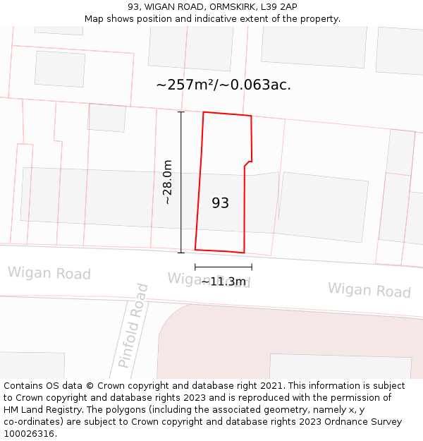 93, WIGAN ROAD, ORMSKIRK, L39 2AP: Plot and title map