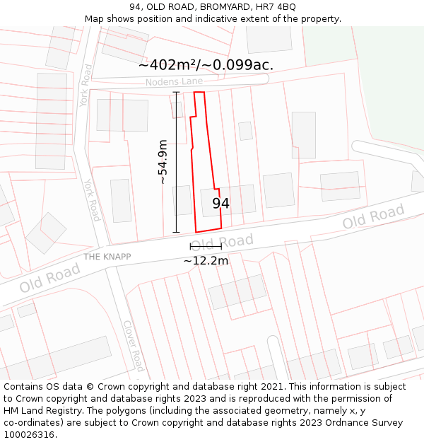 94, OLD ROAD, BROMYARD, HR7 4BQ: Plot and title map