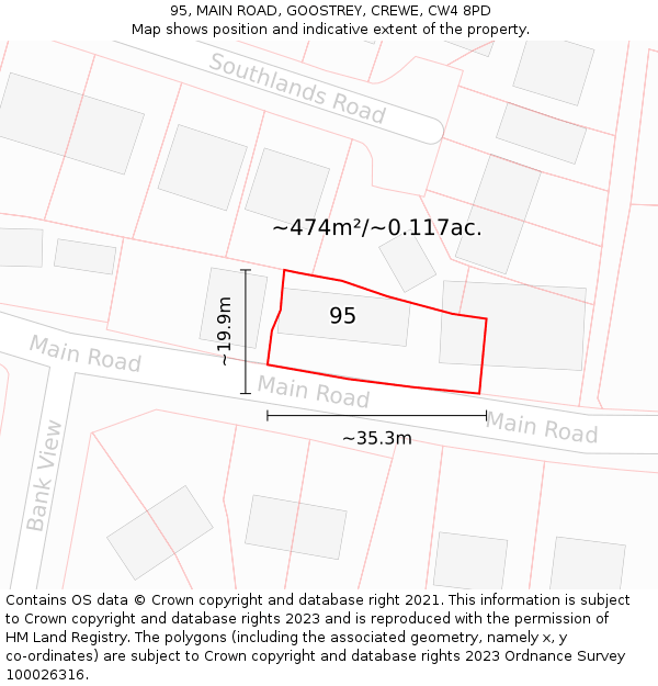 95, MAIN ROAD, GOOSTREY, CREWE, CW4 8PD: Plot and title map
