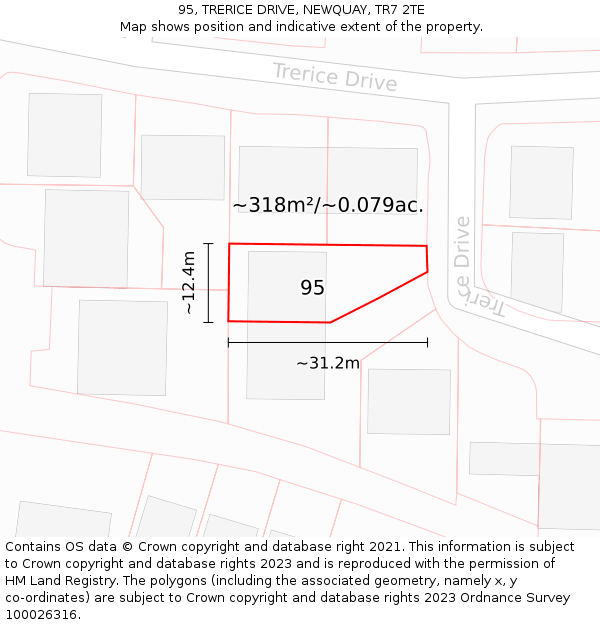 95, TRERICE DRIVE, NEWQUAY, TR7 2TE: Plot and title map