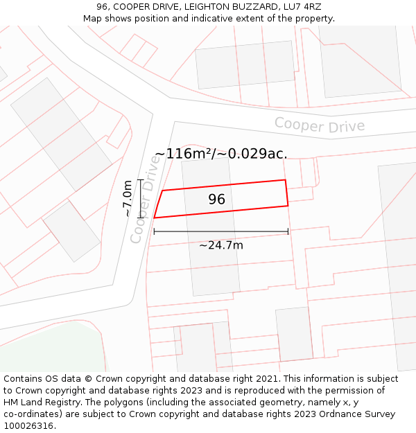 96, COOPER DRIVE, LEIGHTON BUZZARD, LU7 4RZ: Plot and title map