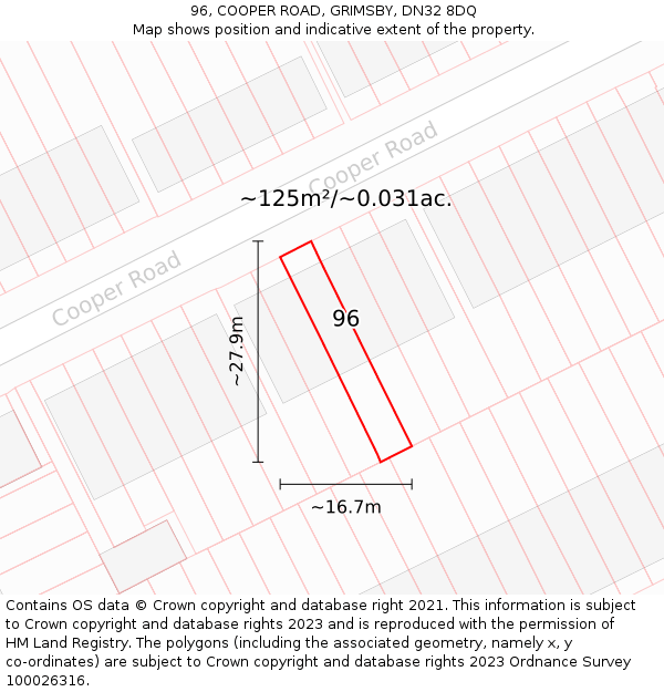 96, COOPER ROAD, GRIMSBY, DN32 8DQ: Plot and title map