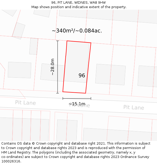 96, PIT LANE, WIDNES, WA8 9HW: Plot and title map