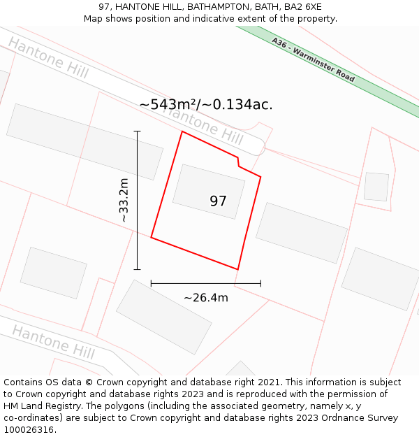 97, HANTONE HILL, BATHAMPTON, BATH, BA2 6XE: Plot and title map