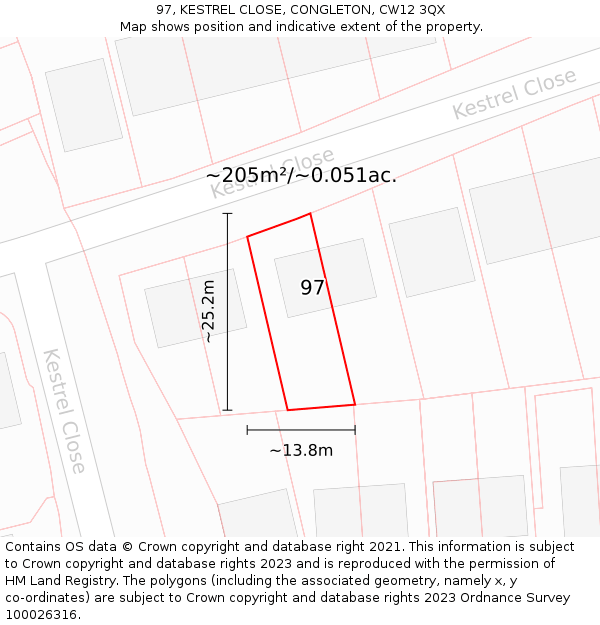 97, KESTREL CLOSE, CONGLETON, CW12 3QX: Plot and title map