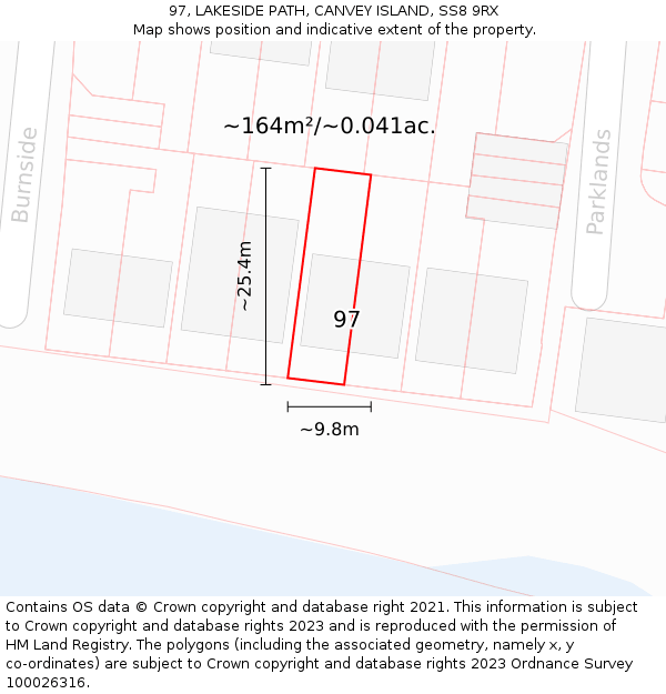 97, LAKESIDE PATH, CANVEY ISLAND, SS8 9RX: Plot and title map