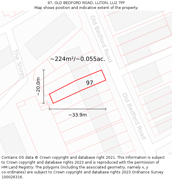 97, OLD BEDFORD ROAD, LUTON, LU2 7PF: Plot and title map