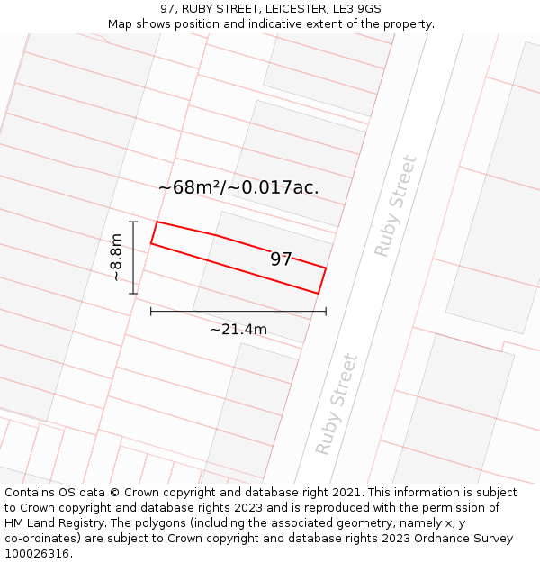 97, RUBY STREET, LEICESTER, LE3 9GS: Plot and title map