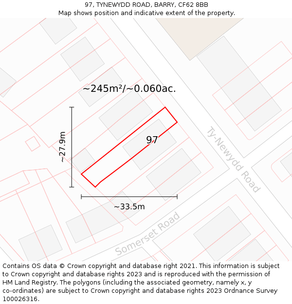 97, TYNEWYDD ROAD, BARRY, CF62 8BB: Plot and title map
