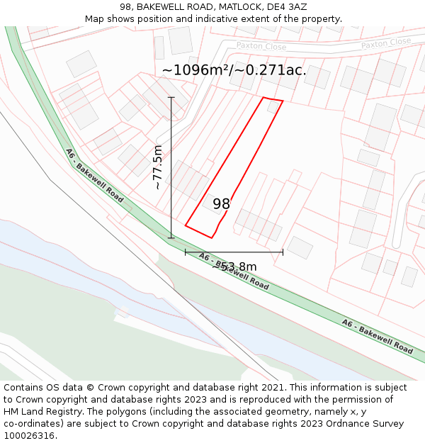 98, BAKEWELL ROAD, MATLOCK, DE4 3AZ: Plot and title map