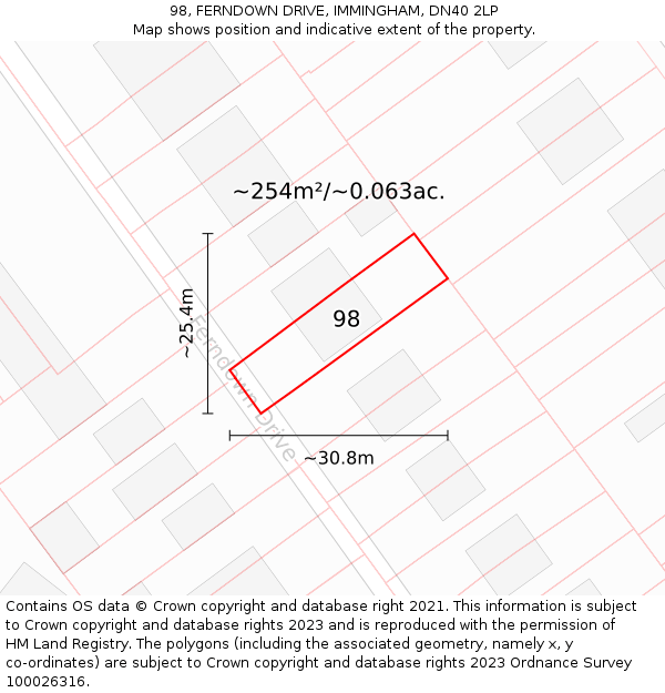 98, FERNDOWN DRIVE, IMMINGHAM, DN40 2LP: Plot and title map