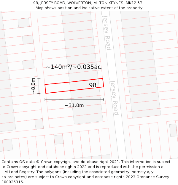 98, JERSEY ROAD, WOLVERTON, MILTON KEYNES, MK12 5BH: Plot and title map