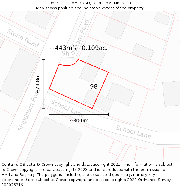 98, SHIPDHAM ROAD, DEREHAM, NR19 1JR: Plot and title map