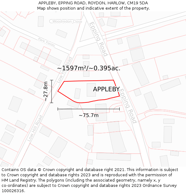 APPLEBY, EPPING ROAD, ROYDON, HARLOW, CM19 5DA: Plot and title map