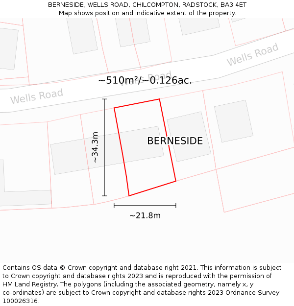 BERNESIDE, WELLS ROAD, CHILCOMPTON, RADSTOCK, BA3 4ET: Plot and title map