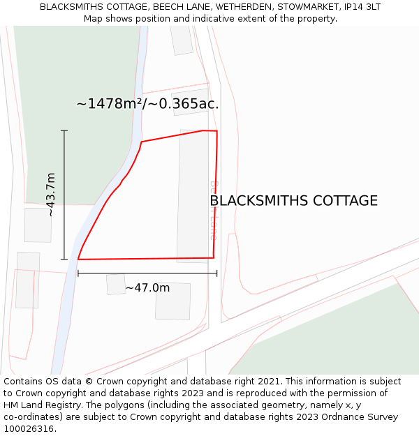 BLACKSMITHS COTTAGE, BEECH LANE, WETHERDEN, STOWMARKET, IP14 3LT: Plot and title map