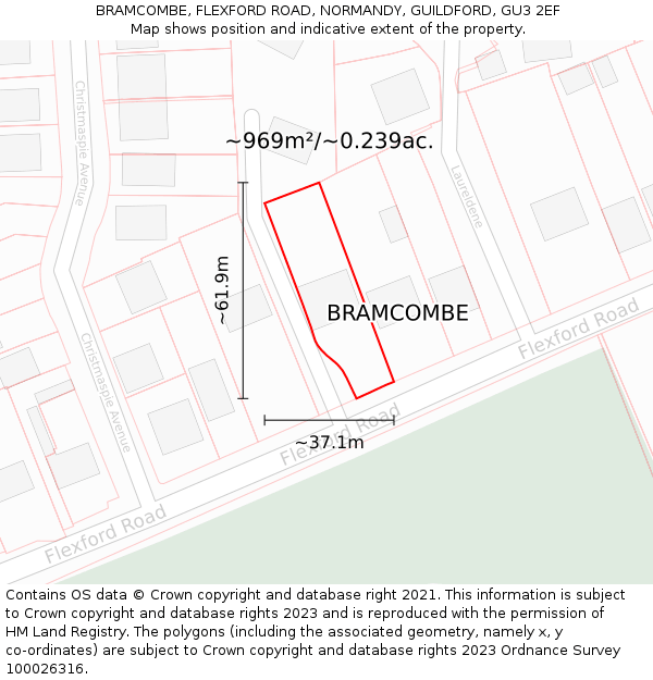 BRAMCOMBE, FLEXFORD ROAD, NORMANDY, GUILDFORD, GU3 2EF: Plot and title map