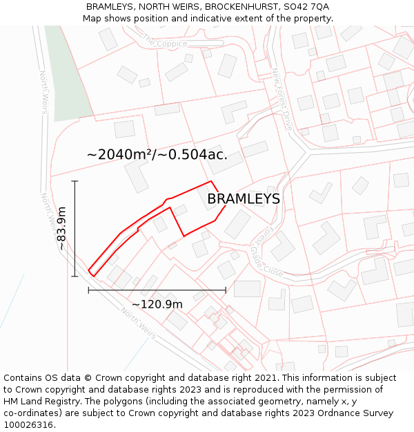 BRAMLEYS, NORTH WEIRS, BROCKENHURST, SO42 7QA: Plot and title map