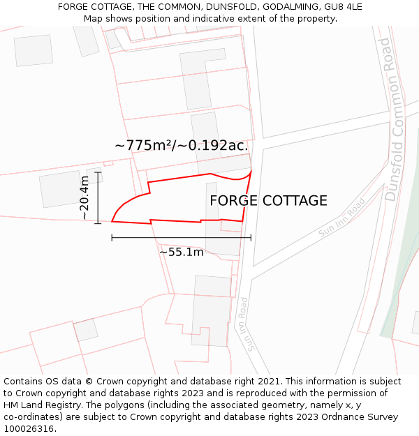 FORGE COTTAGE, THE COMMON, DUNSFOLD, GODALMING, GU8 4LE: Plot and title map