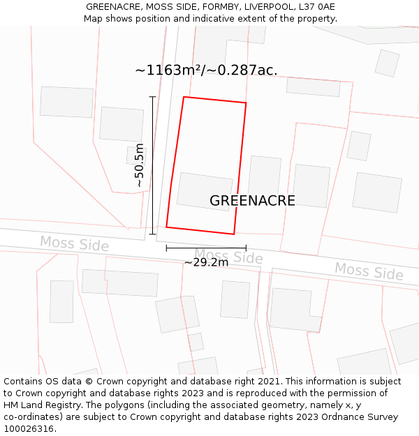 GREENACRE, MOSS SIDE, FORMBY, LIVERPOOL, L37 0AE: Plot and title map
