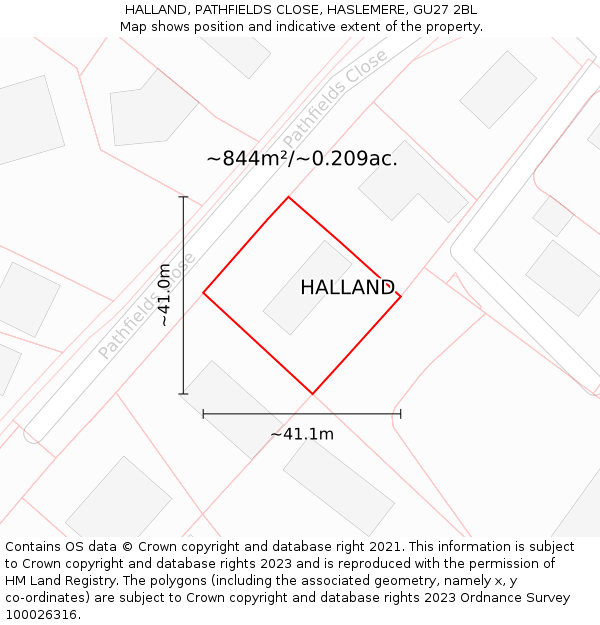 HALLAND, PATHFIELDS CLOSE, HASLEMERE, GU27 2BL: Plot and title map