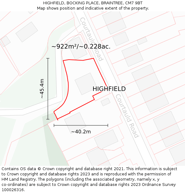 HIGHFIELD, BOCKING PLACE, BRAINTREE, CM7 9BT: Plot and title map