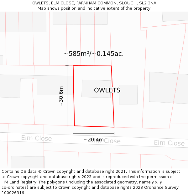 OWLETS, ELM CLOSE, FARNHAM COMMON, SLOUGH, SL2 3NA: Plot and title map
